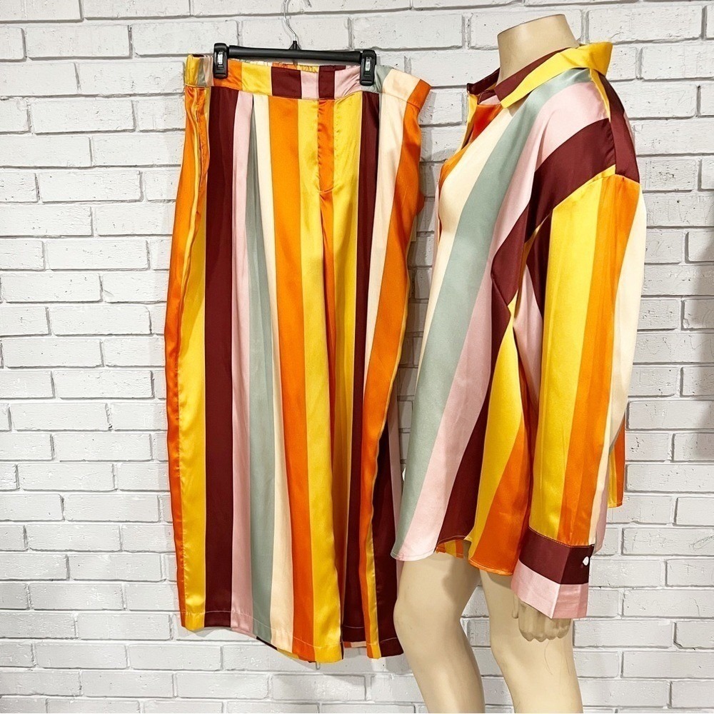 Fe Noel Vertical Stripe Satin 2 Piece Set Button Down Shirt and Wide Leg Pants - Picture 2 of 14